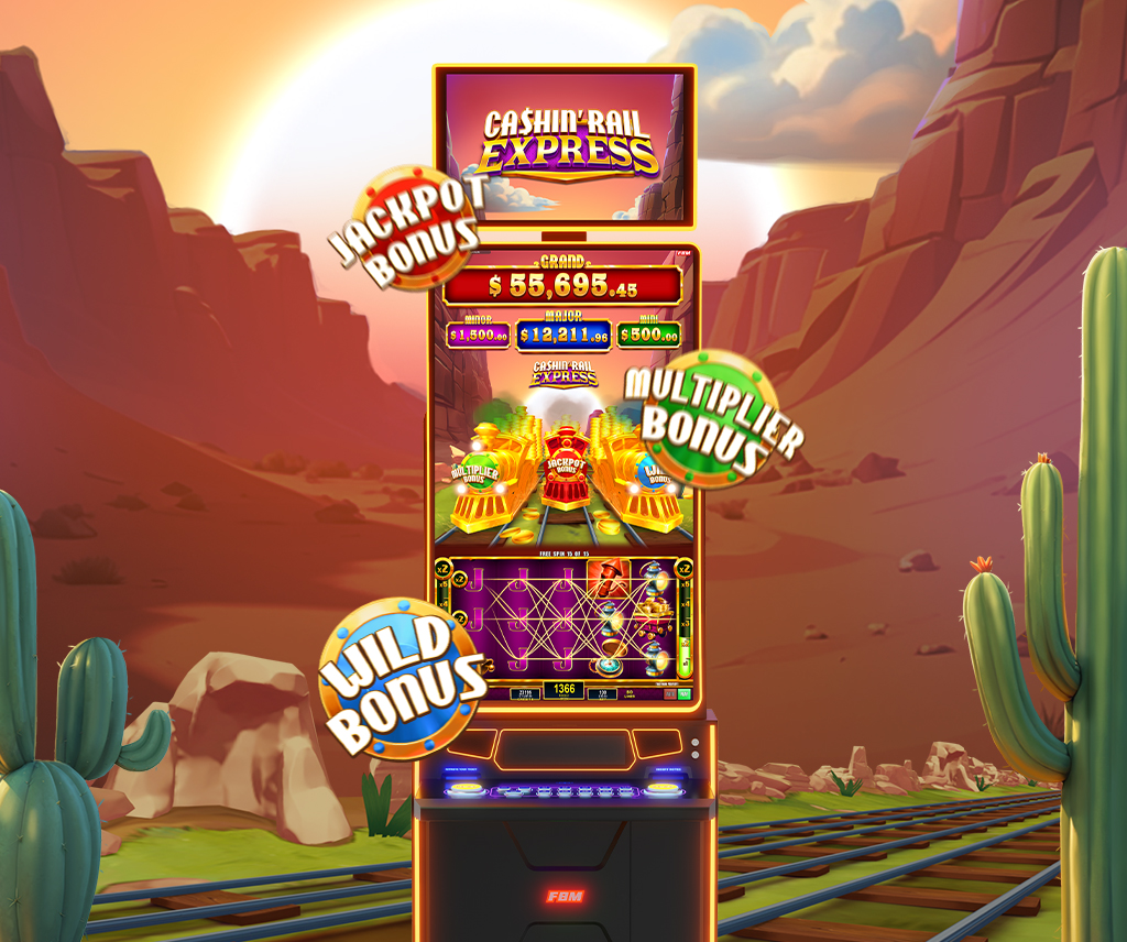 Gameplay de Cashin’ Rail Express en el gabinete Auria de FBM mostrando los tres bonos de tren activos al mismo tiempo