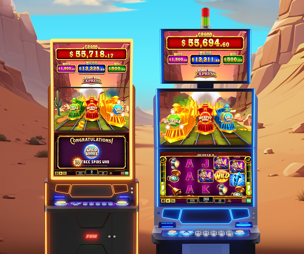 Dos gabinetes de FBM mostrando gameplay de Cashin’ Rail Express con progresión en el juego base y un momento de gran ganancia