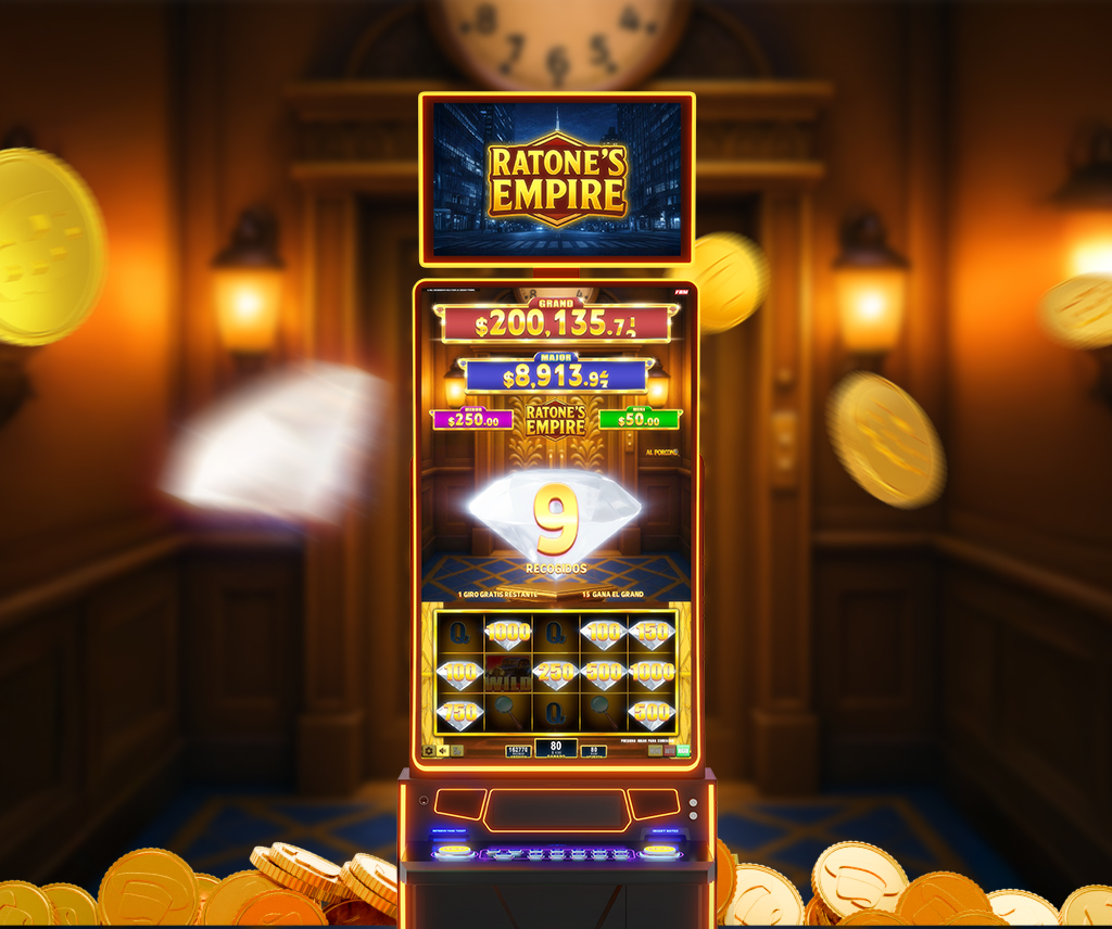 Gabinete Auria de FBM corriendo el modo bonus de Ratone’s Empire.